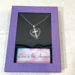 Heart & Cross Rhinestone Silver Toned Necklace 21" Love Jewelry NEW